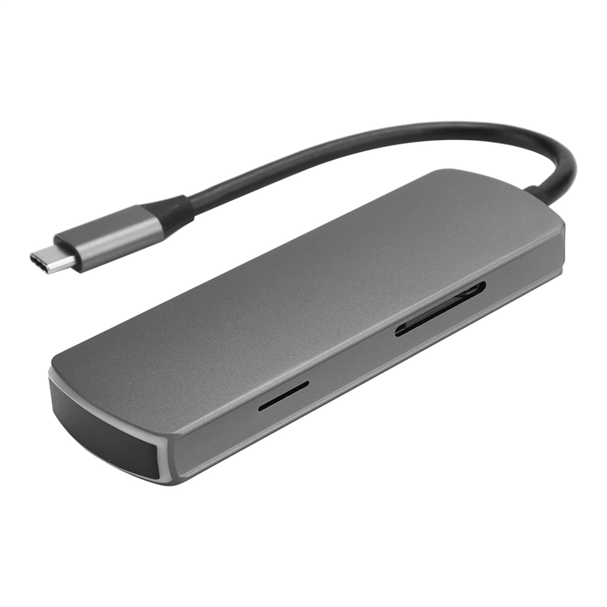 Grauer USB-C-Hub mit Kabel. Weißer Hintergrund.