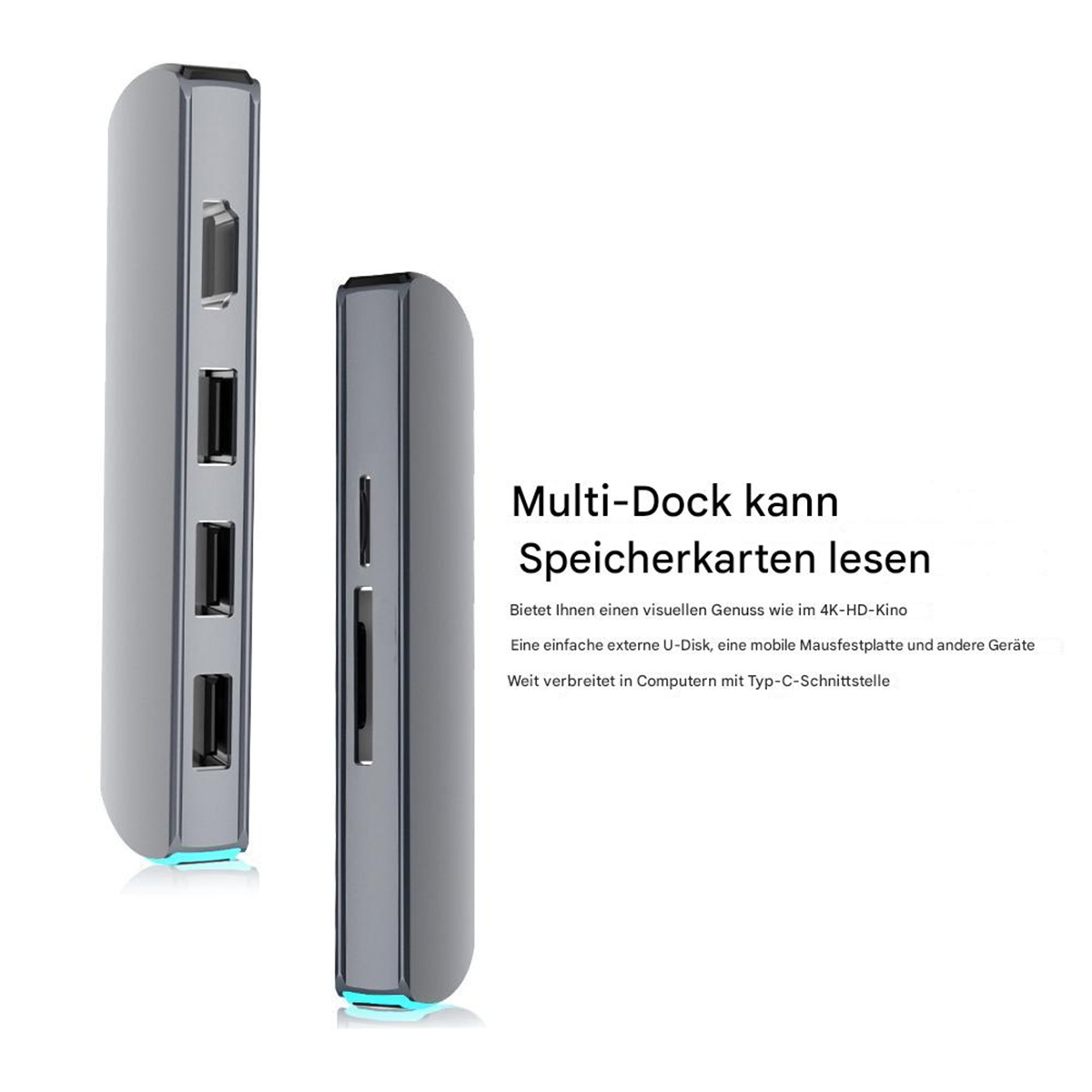 Zwei graue Multi-Dock-Geräte mit USB-Anschlüssen und Text. Weißer Hintergrund.
