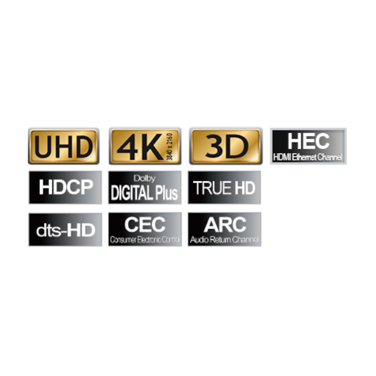 Mehrere Logos mit folgendem Text: UHD, 4K, 3D, HEC, HDCP, Dolby, True HD, dts-HD, CEC, ARC.
