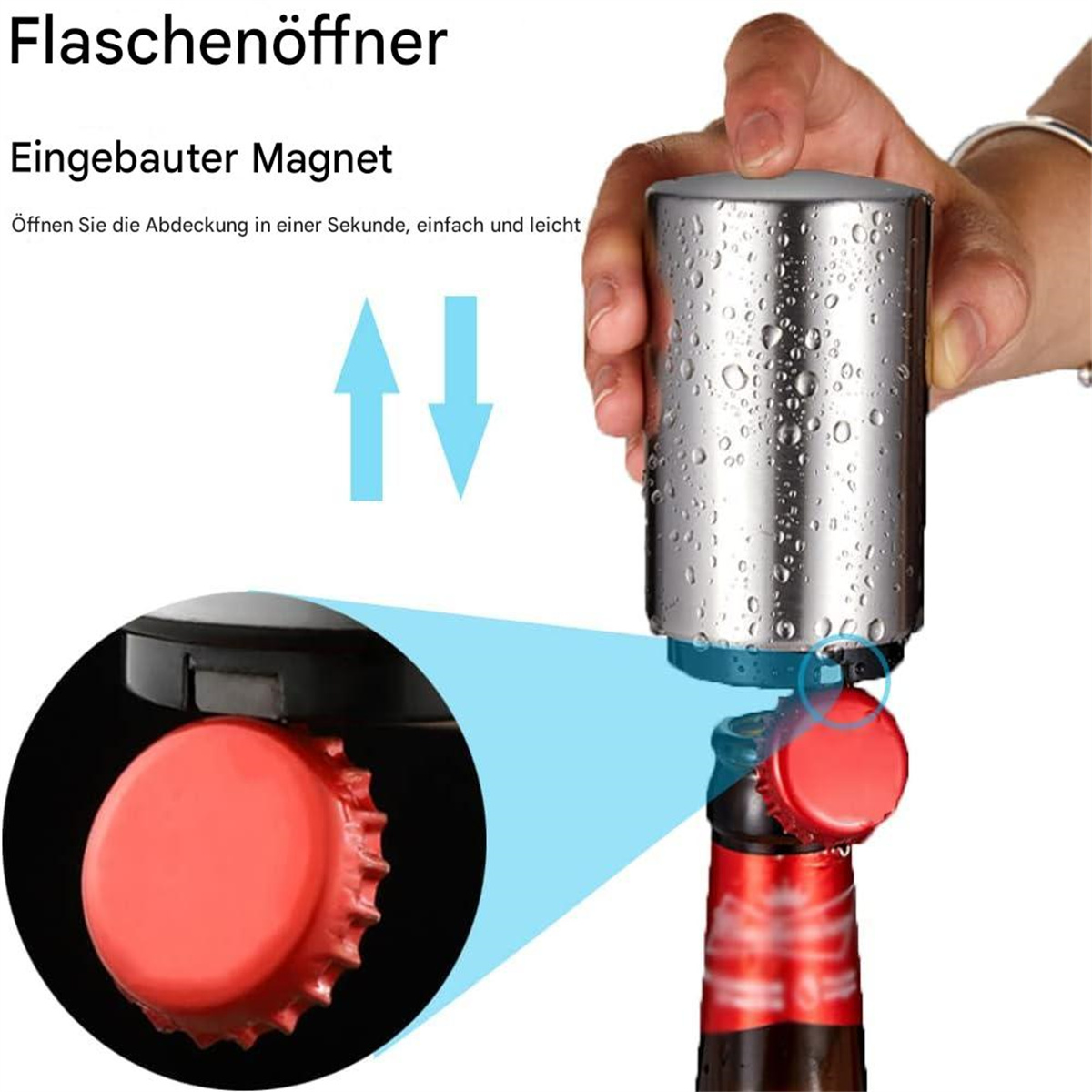 Flaschenöffner mit Griff, der einen Flaschenverschluss entfernt. Roter Flaschenverschluss.