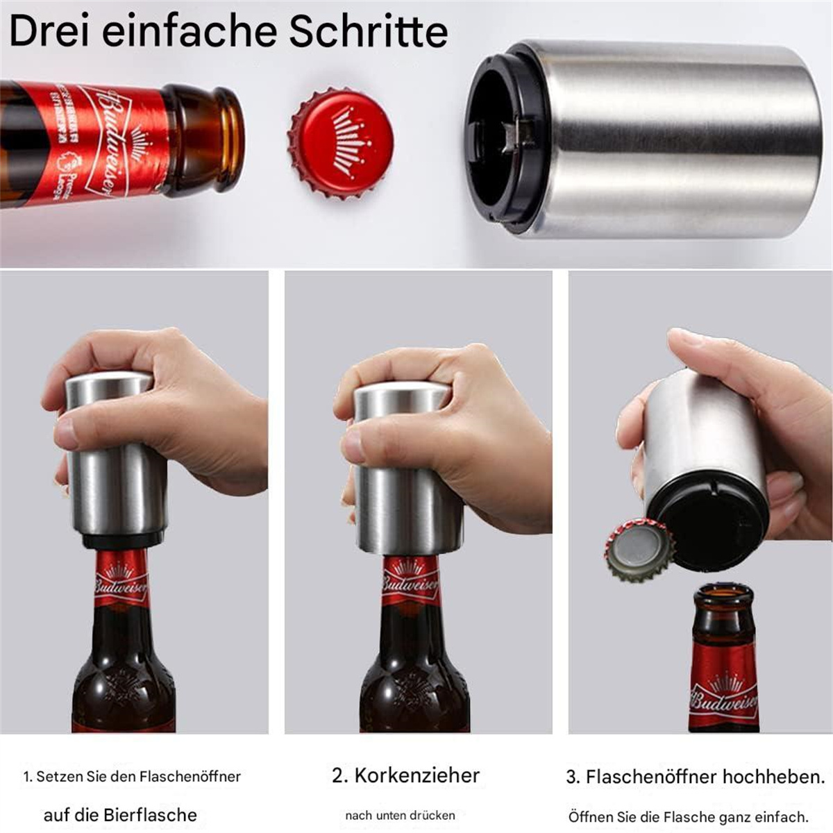 Schritte zum Öffnen einer Bierflasche: Öffner platzieren, nach unten drücken, dann anheben.