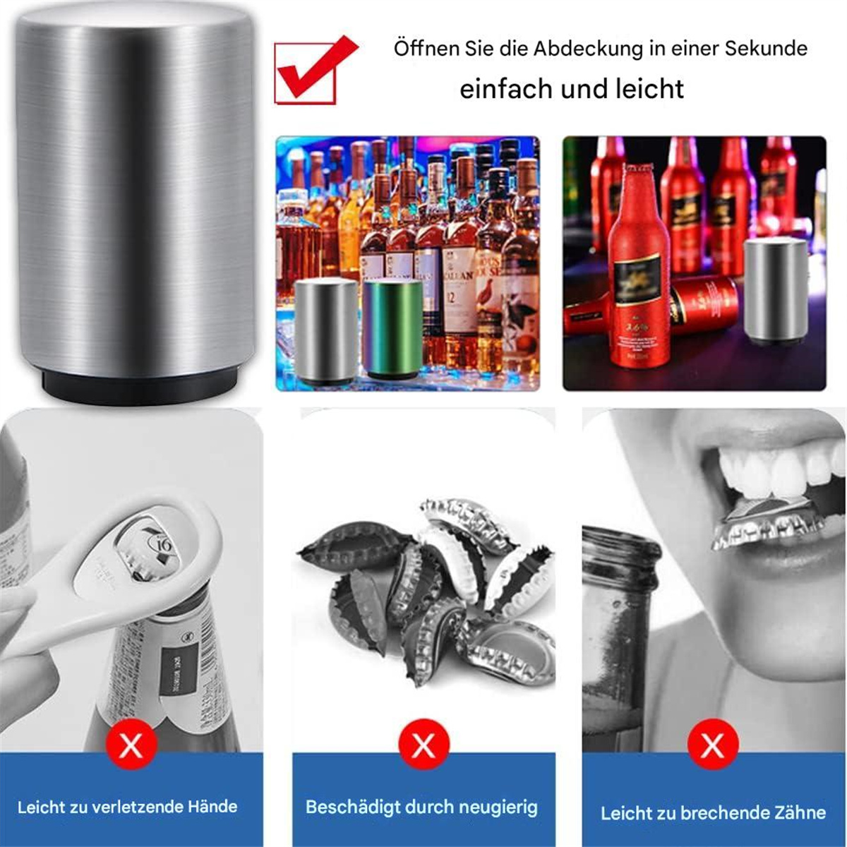 Grafik mit Flaschenöffner, Kronkorken und Person, die eine Flasche mit den Zähnen öffnet.