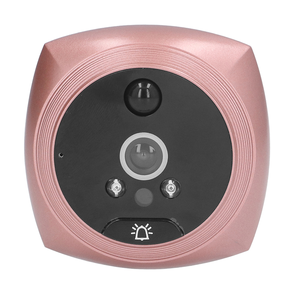 Eine roségoldene Türklingelkamera mit einem schwarzen Sensor. Die Türklingel hat eine Kamera, Lichter und einen Knopf.