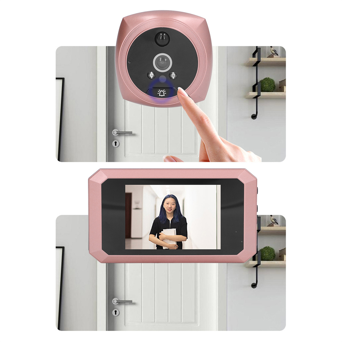 Türklingelkamera mit Display, das eine Frau zeigt. Die Kamera ist rosa, die Frau in einem Raum.