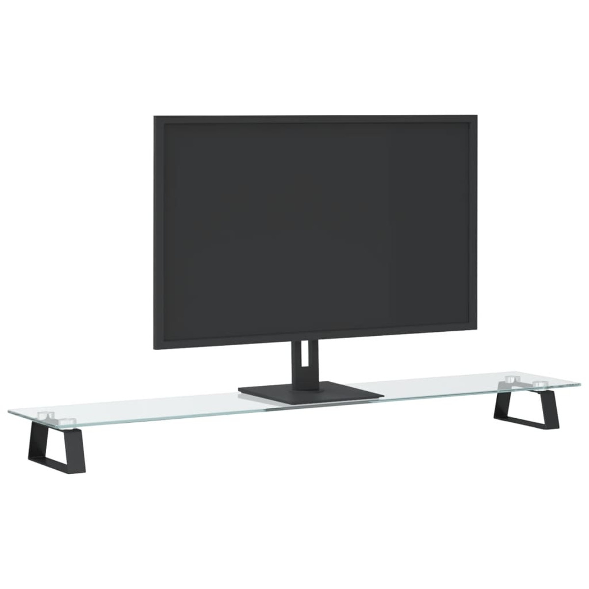 Schwarzer Computermonitor auf einem klaren Glasständer mit schwarzen Metallbeinen.