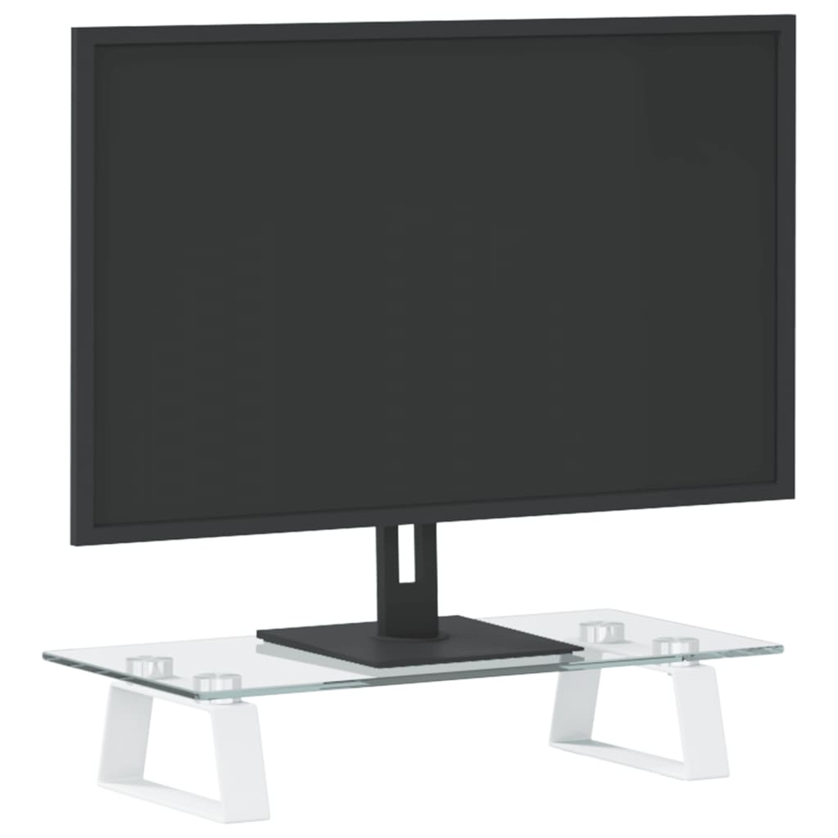 Ein Computermonitor auf einem Glasständer auf einem Schreibtisch. Der Monitor ist schwarz.