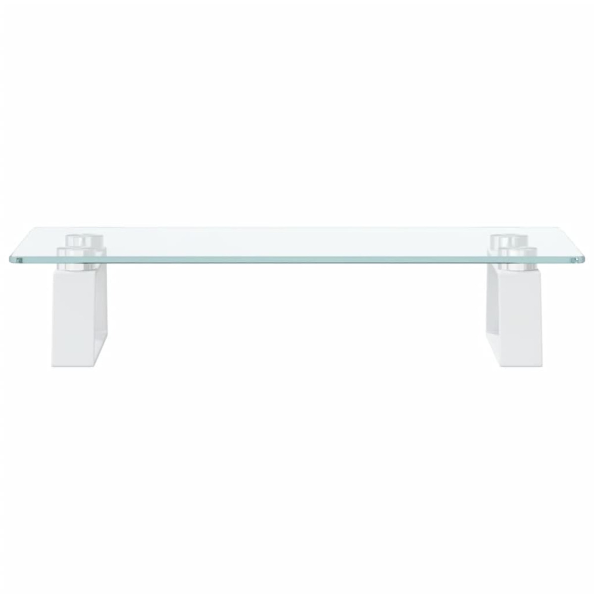 Ein rechteckiger Couchtisch aus Glas mit weißen Beinen auf weißem Hintergrund.