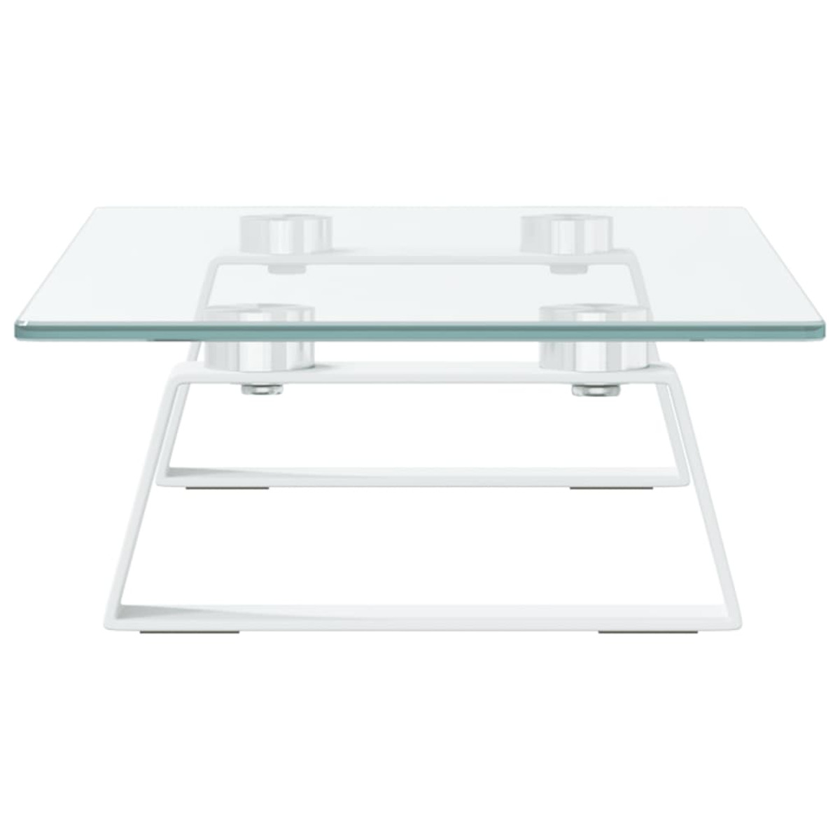 Ein quadratischer Glastisch mit weißem Metallrahmen. Der Tisch hat vier Beine und eine klare Platte.