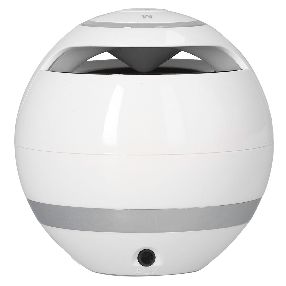 Weißer kugelförmiger Bluetooth-Lautsprecher mit schwarzem AUX-Eingang und grauem Rand.