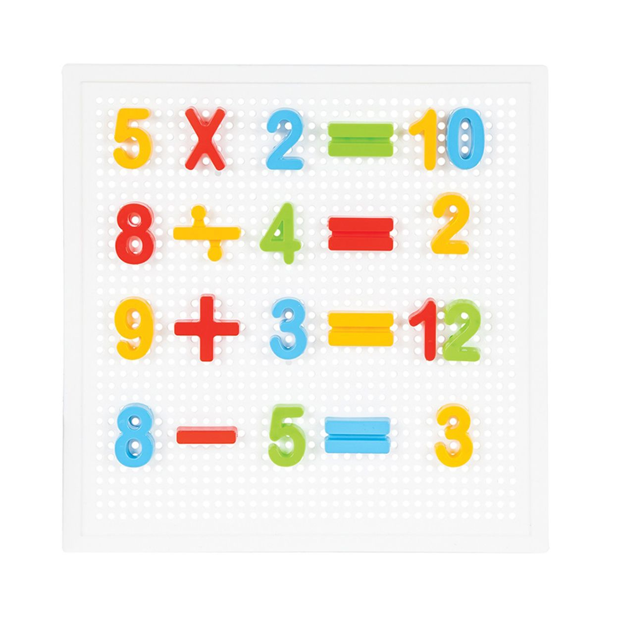 Lehrtafel mit farbigen mathematischen Gleichungen. Enthält Addition, Subtraktion, Multiplikation und Division.