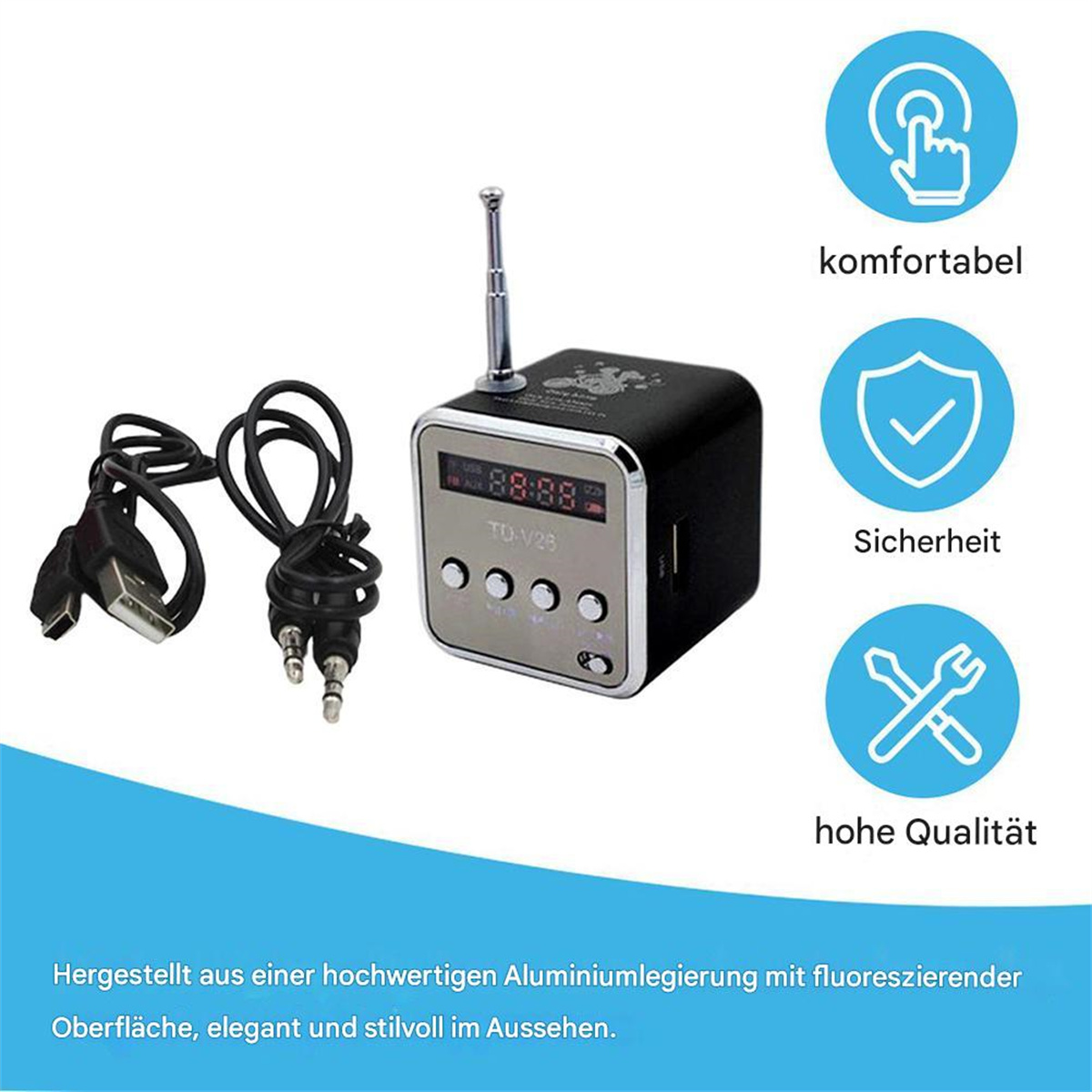 Kleines schwarzes Radio mit Digitalanzeige, Knöpfen, Antenne und mehreren Symbolen.
