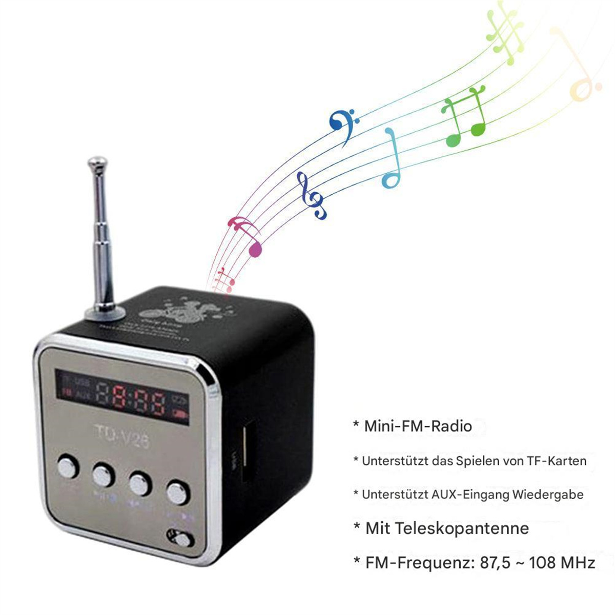 Schwarz-silbernes Mini-FM-Radio mit Antenne, Knöpfen und Text.