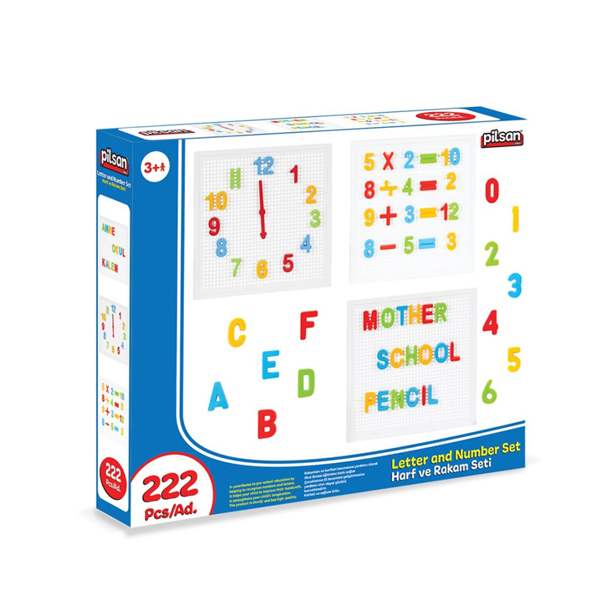 Kartenset mit Lernspielzeug mit Buchstaben, Zahlen und einer Uhr, mit bunten Elementen.
