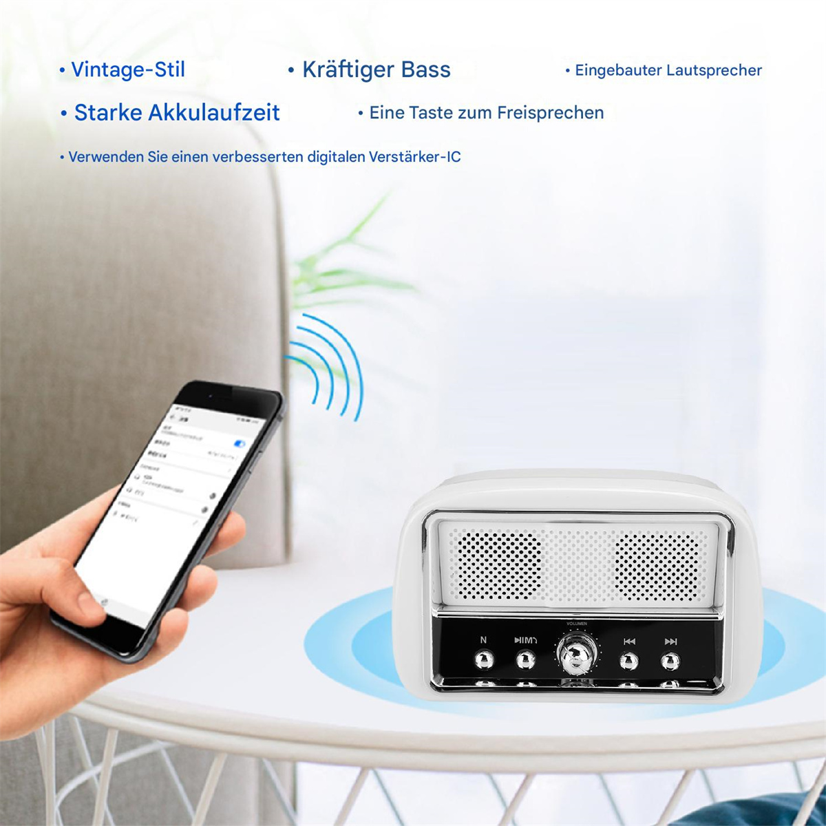 Telefon, das eine Musikoberfläche neben einem weißen Lautsprecher anzeigt.