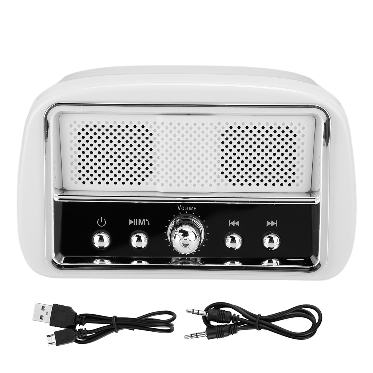 Weißer Lautsprecher im Retro-Stil mit Lautstärkeregler, Tasten und Anschlüssen für USB- und Audiokabel.
