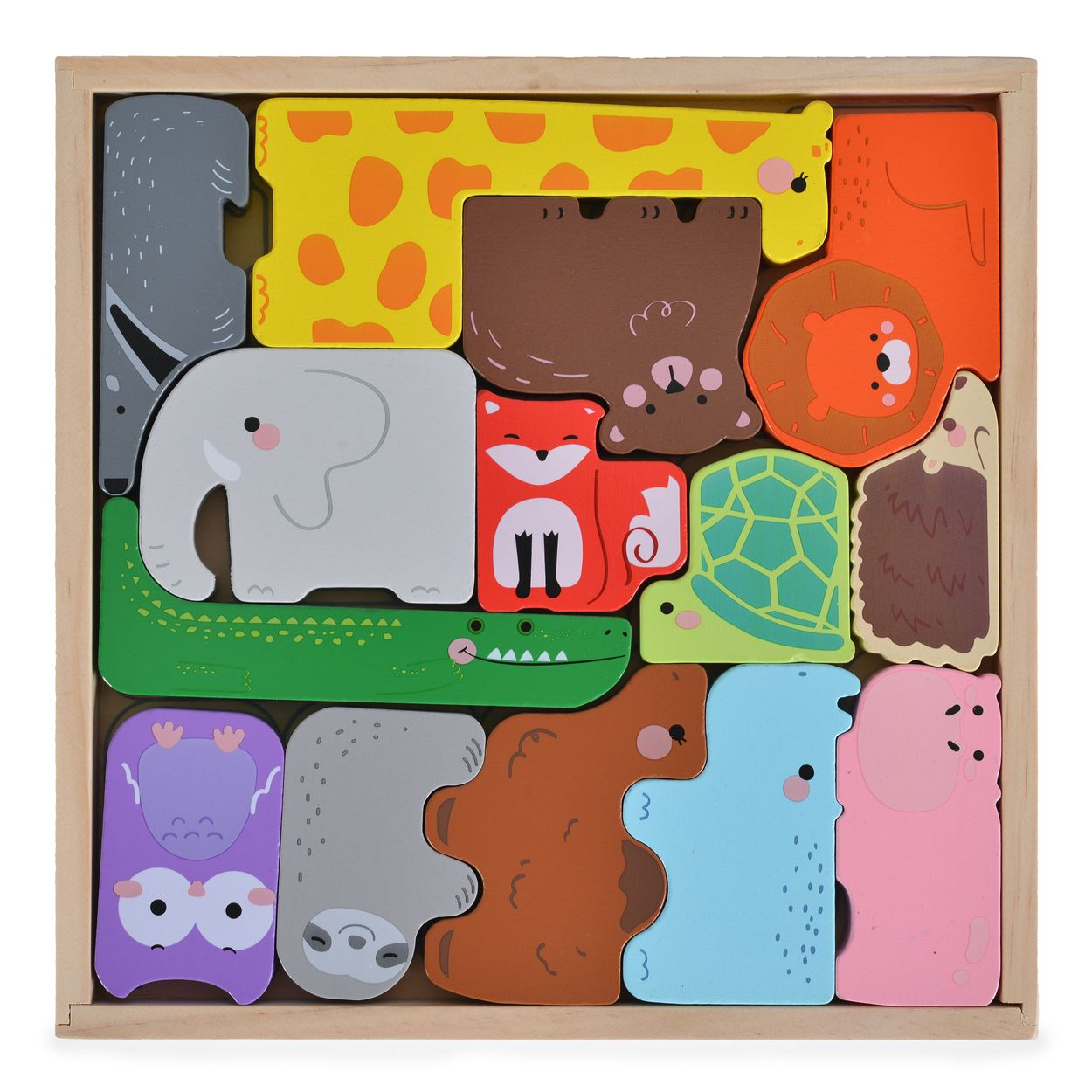 Holztiere-Puzzle mit verschiedenen bunten Tierformen in einem Holzrahmen.