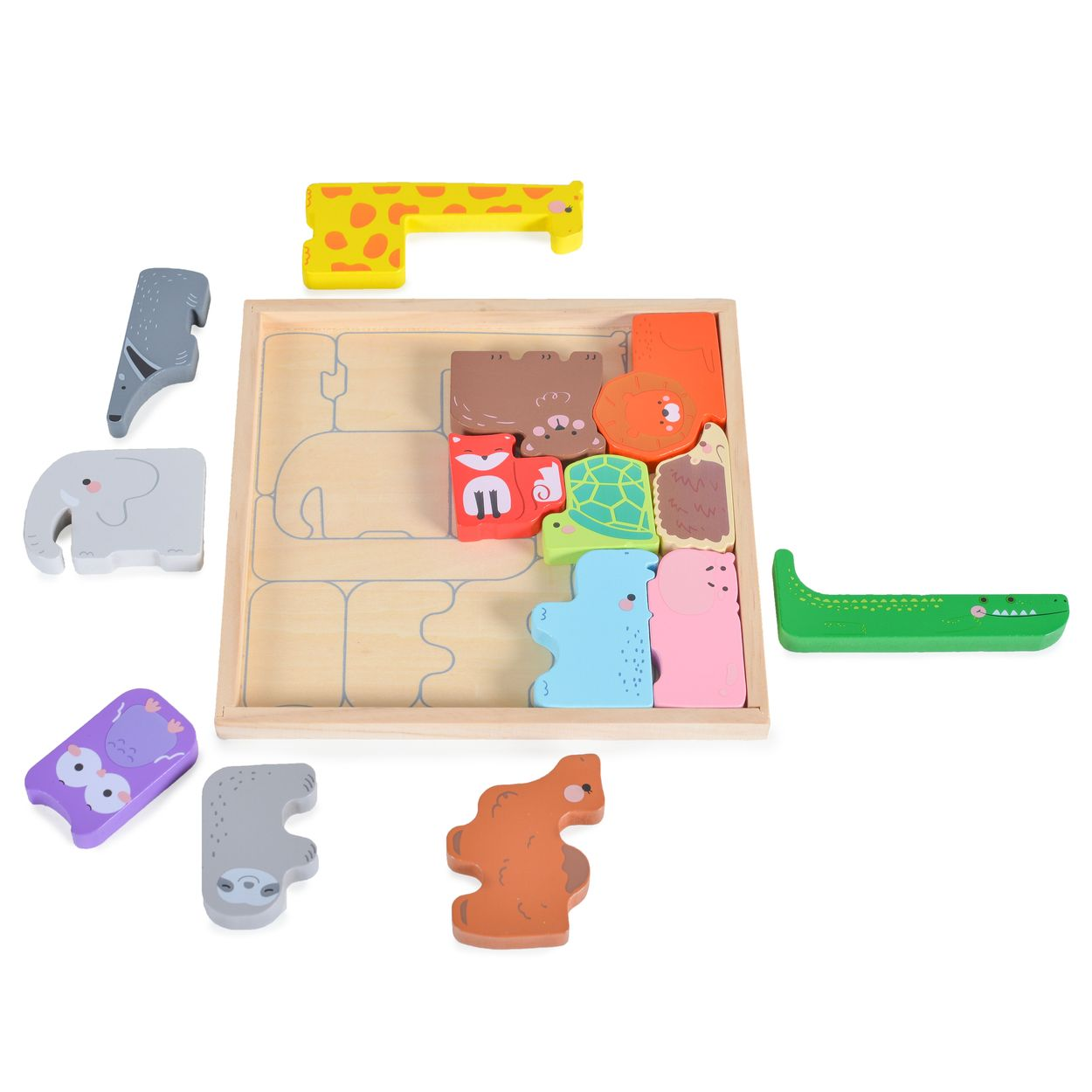 Holz-Tierpuzzle mit verschiedenen Tierformen und einer Holzablage.