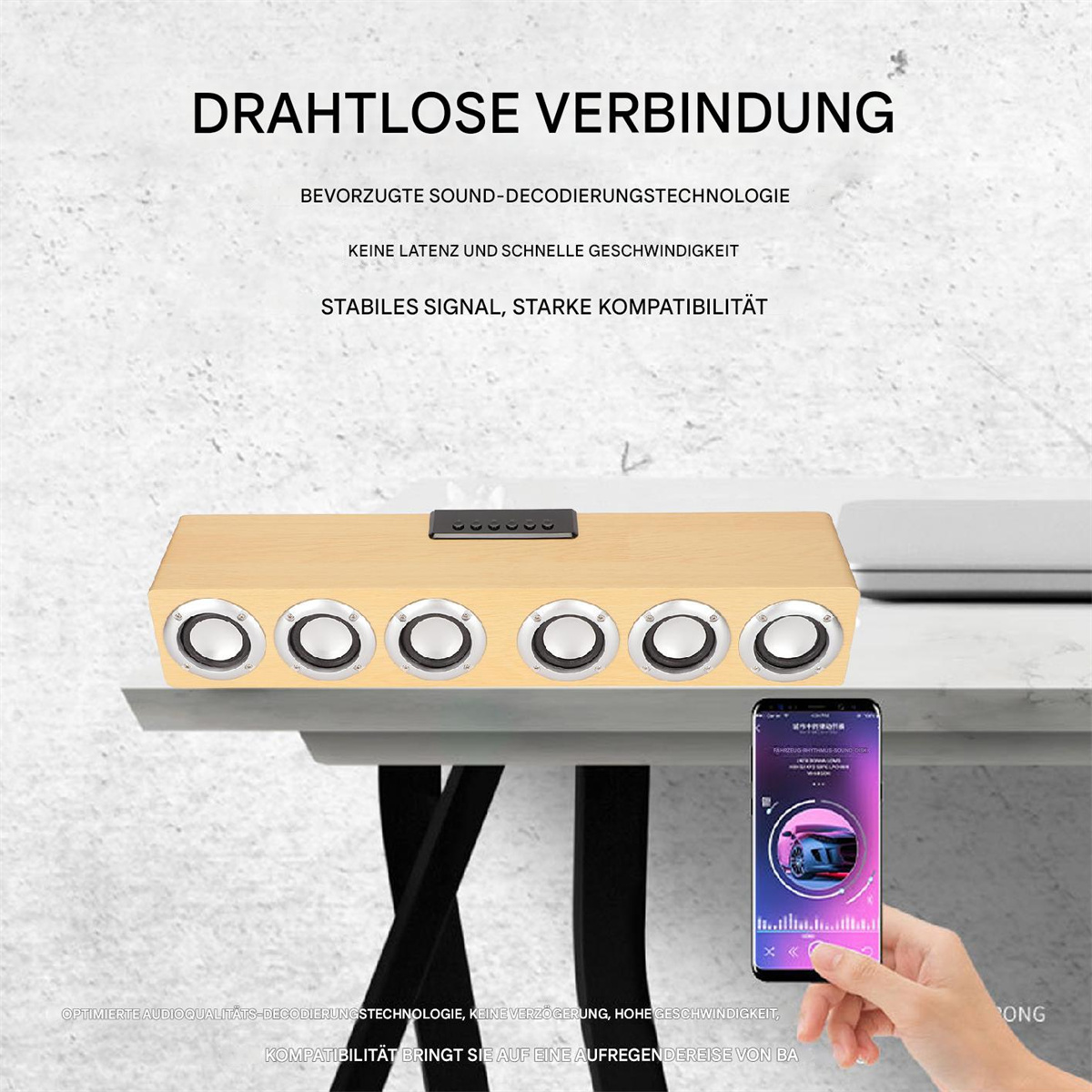 Holz-Lautsprecher mit mehreren Lautsprechern und einem Telefon auf einem Tisch. Text über drahtlose Verbindung steht oben.