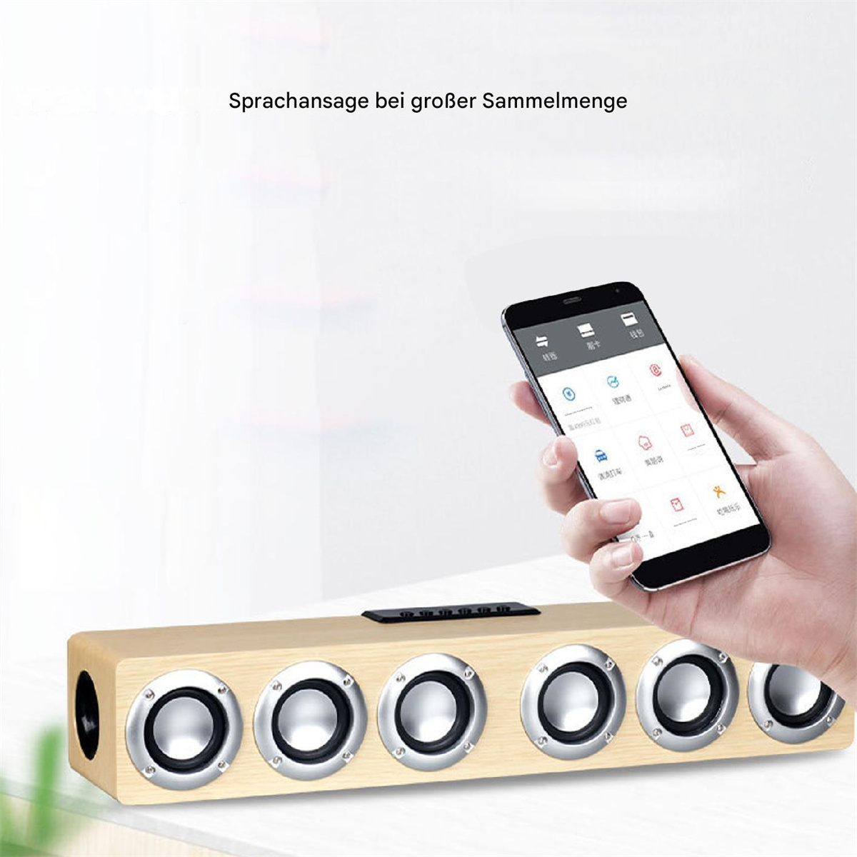 Holz-Lautsprecher mit sechs silbernen Lautsprechern und einem Telefon, das eine Benutzeroberfläche anzeigt.