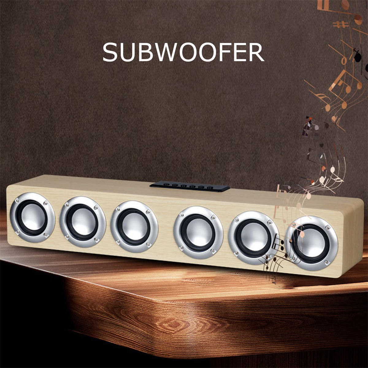 Holz-Subwoofer-Lautsprecher mit sechs silbernen Lautsprecherabdeckungen. Text 'SUBWOOFER' oben.