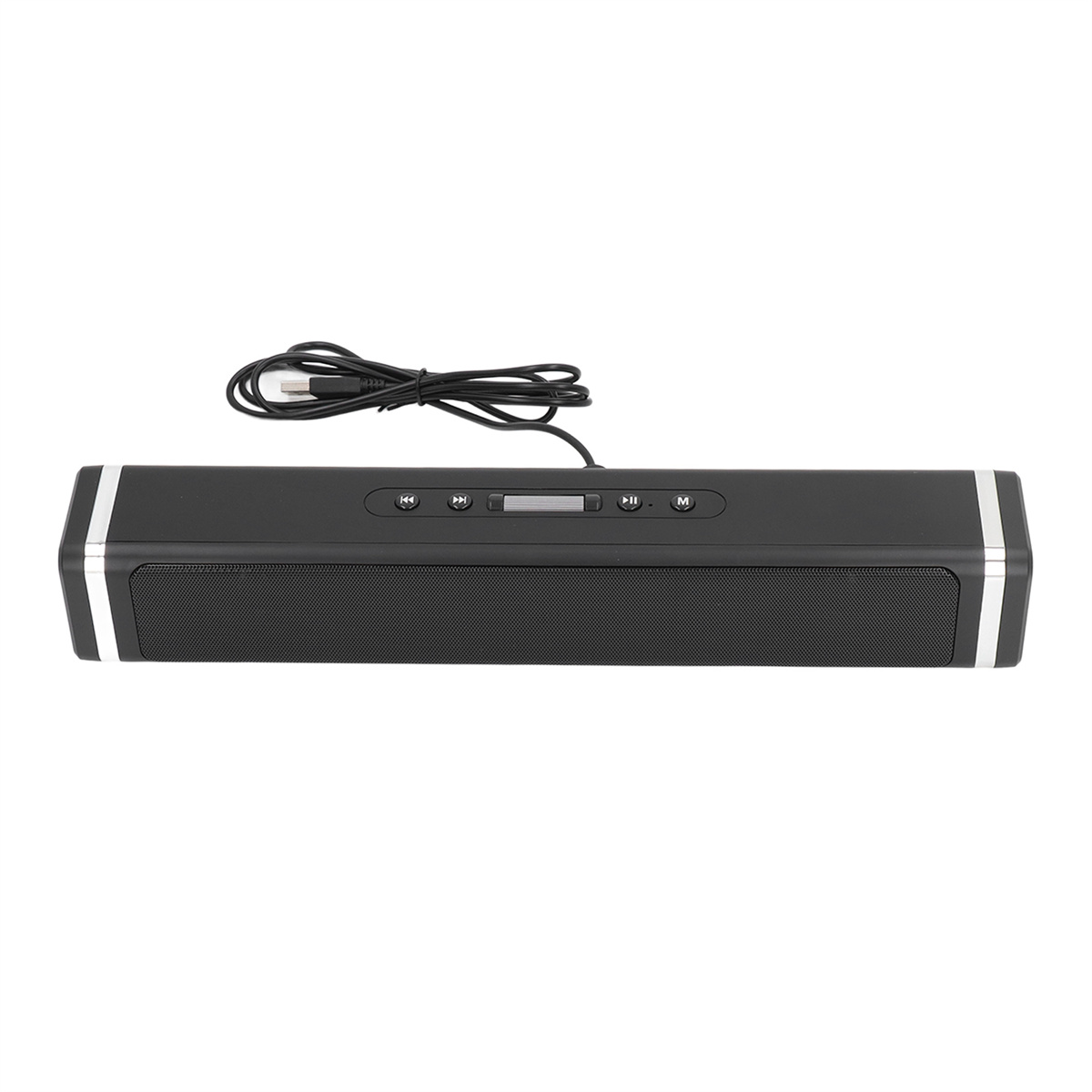 Schwarze Lautsprecherleiste mit silberner Zierleiste. Es hat Knöpfe und ein kleines Display oben. Ein schwarzes Kabel ist angeschlossen.