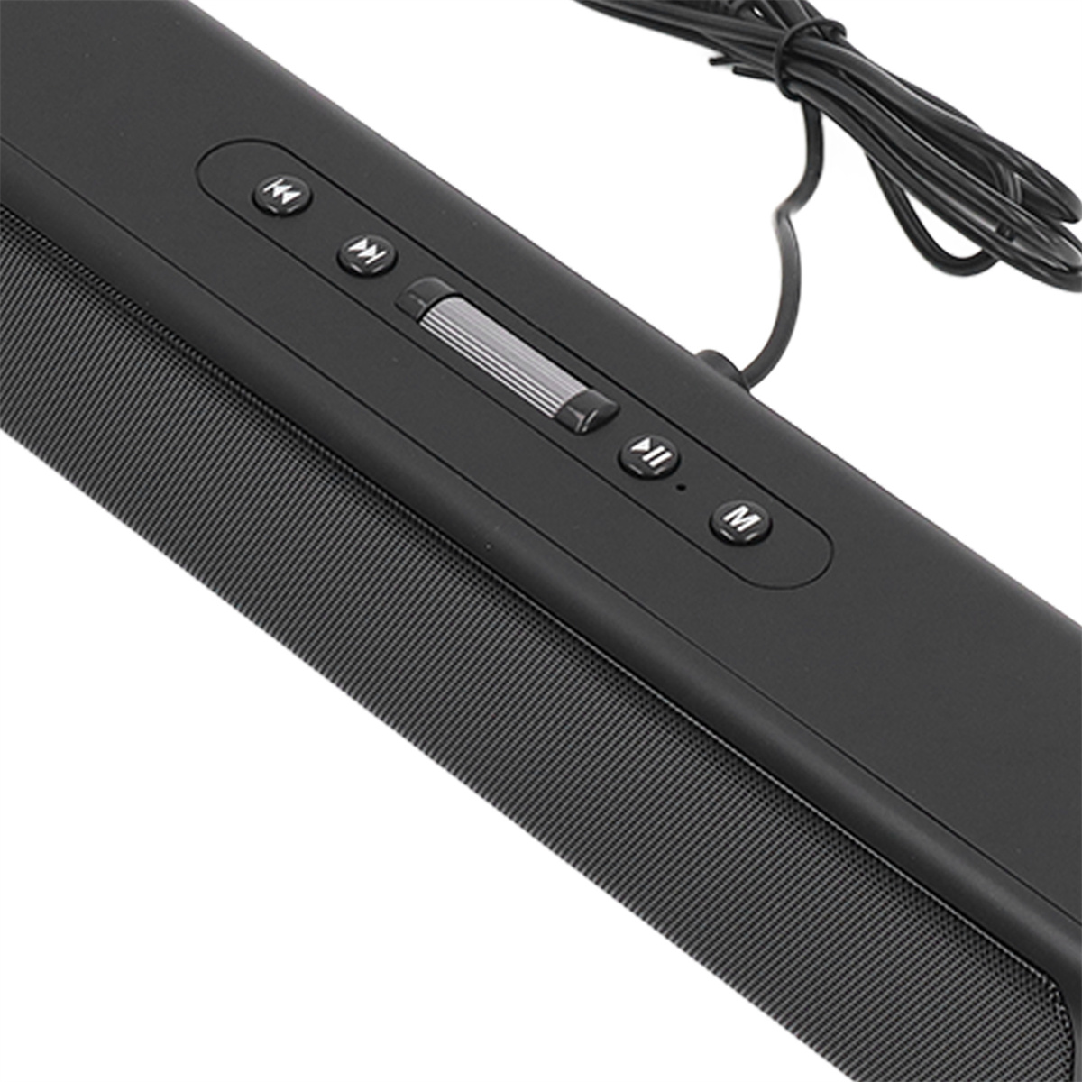 Nahaufnahme einer schwarzen Soundbar mit Steuertasten und Netzkabel.