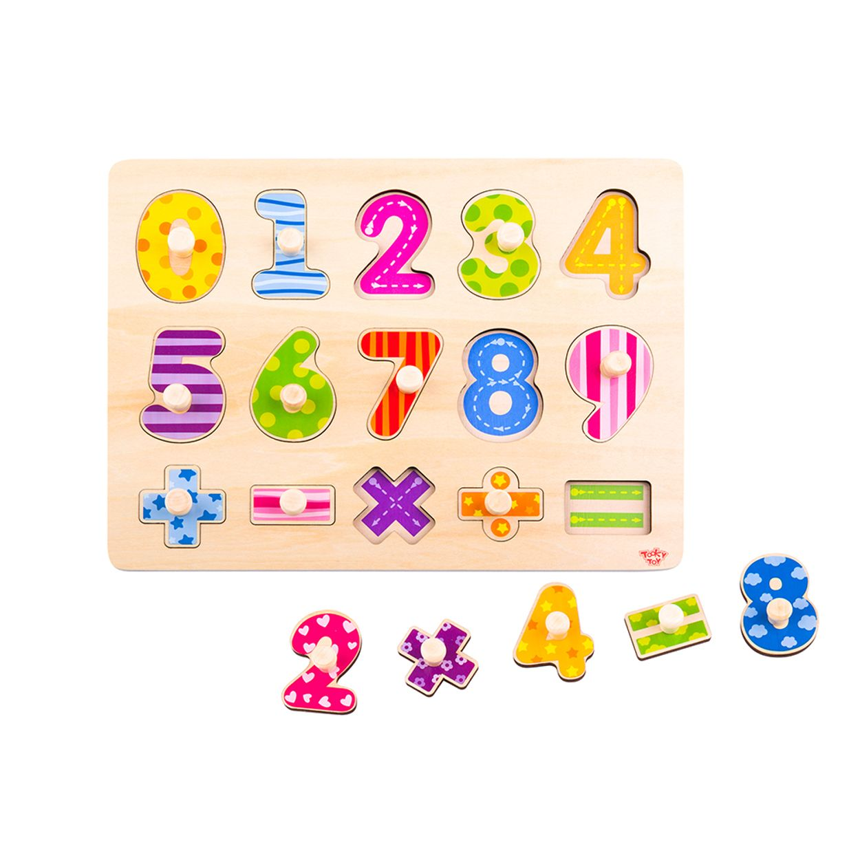 Ein hölzernes Zahlenpuzzle mit den Zahlen 0-9 und mathematischen Symbolen. Zusätzliche Zahlenkacheln sind vorhanden.