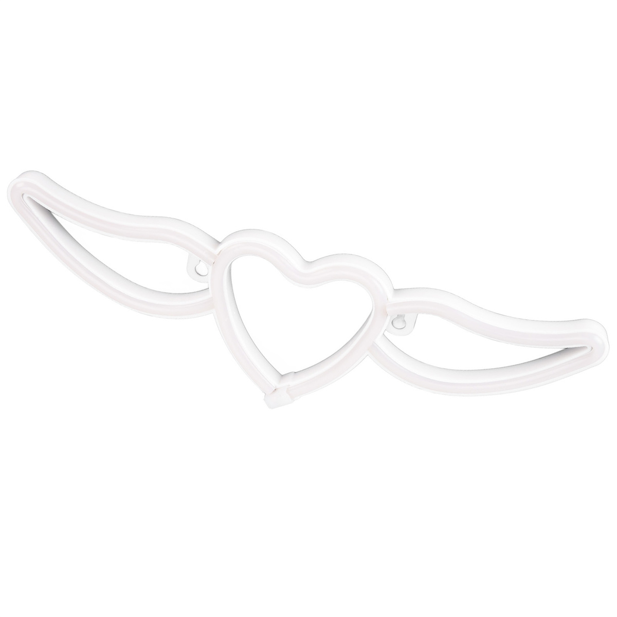 Weißes Neonherz mit Flügeln. Das Herz ist in der Mitte, die Flügel erstrecken sich auf beiden Seiten. Weißer Hintergrund.