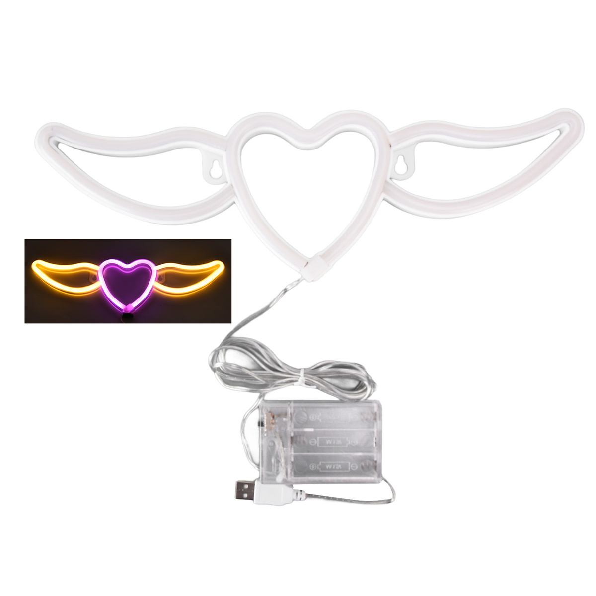Ein Neon-Herz mit Flügeln, ein kleineres Herz in der Mitte und ein USB-Kabel.