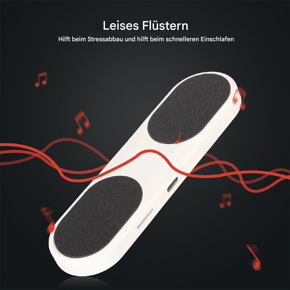 Ein weißes Gerät mit schwarzen ovalen Pads, roten Linien und Noten auf dunklem Hintergrund, das Stressabbau fördert.