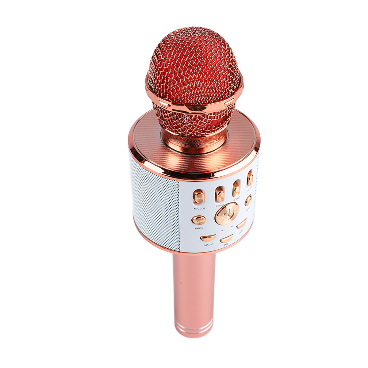 Ein roségoldenes Mikrofon mit Steuertasten.