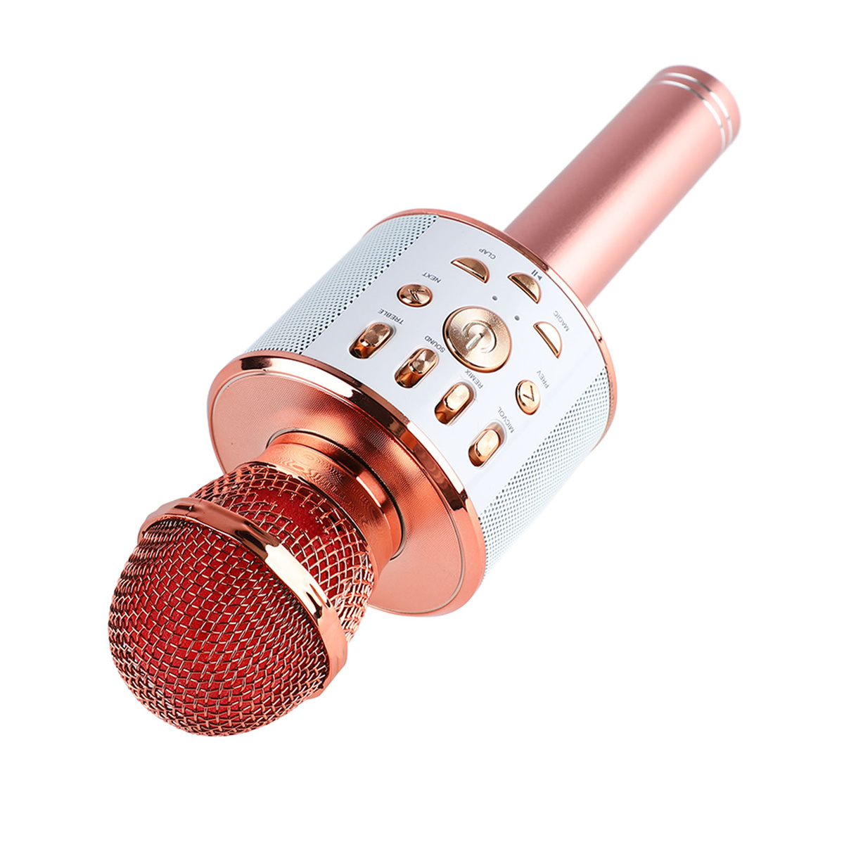 Roségoldenes Mikrofon mit Maschenkopf und Bedientasten. Geeignet für Karaoke oder Gesang.