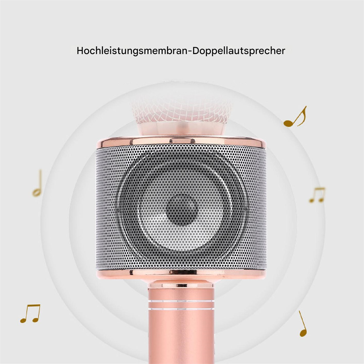 Roségoldenes Mikrofon mit Lautsprecher, Noten drumherum. Weißer Hintergrund.