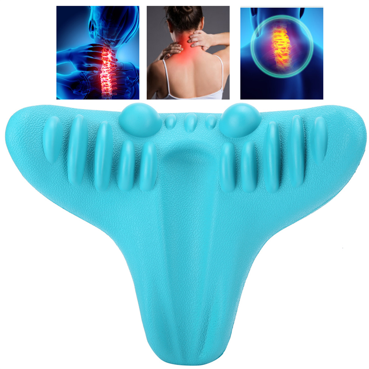 Nackenmassagegerät mit drei Bildern von Nackenschmerzen.