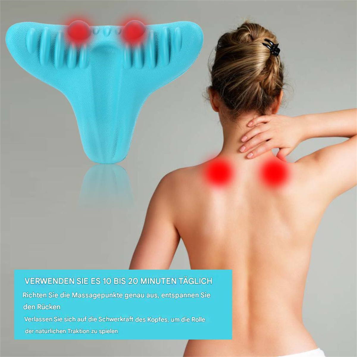 Rücken einer Frau mit blauem Nackenmassagegerät, rot hervorgehobene Schmerzpunkte, Text.