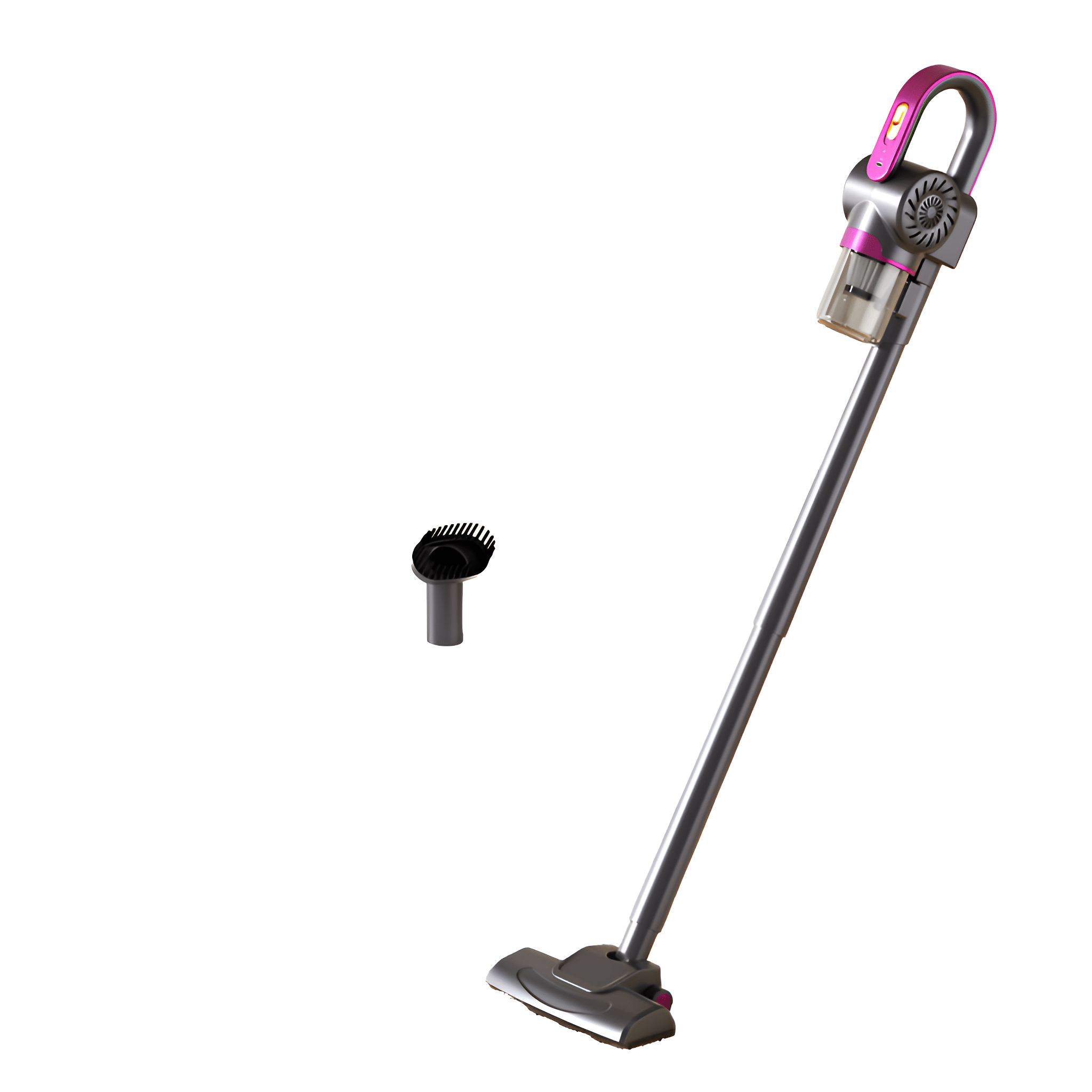 Kabelloser Staubsauger mit rosa und silbernen Details. Enthält einen Bürstenaufsatz. Weißer Hintergrund.