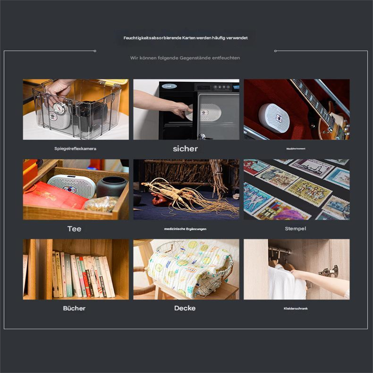 Verschiedene Gegenstände in einem Schrank. Zu den Gegenständen gehören: Kamera, Tresor, Gitarre, Tee, Ginseng, Briefmarken, Bücher, Decke und Kleidung.