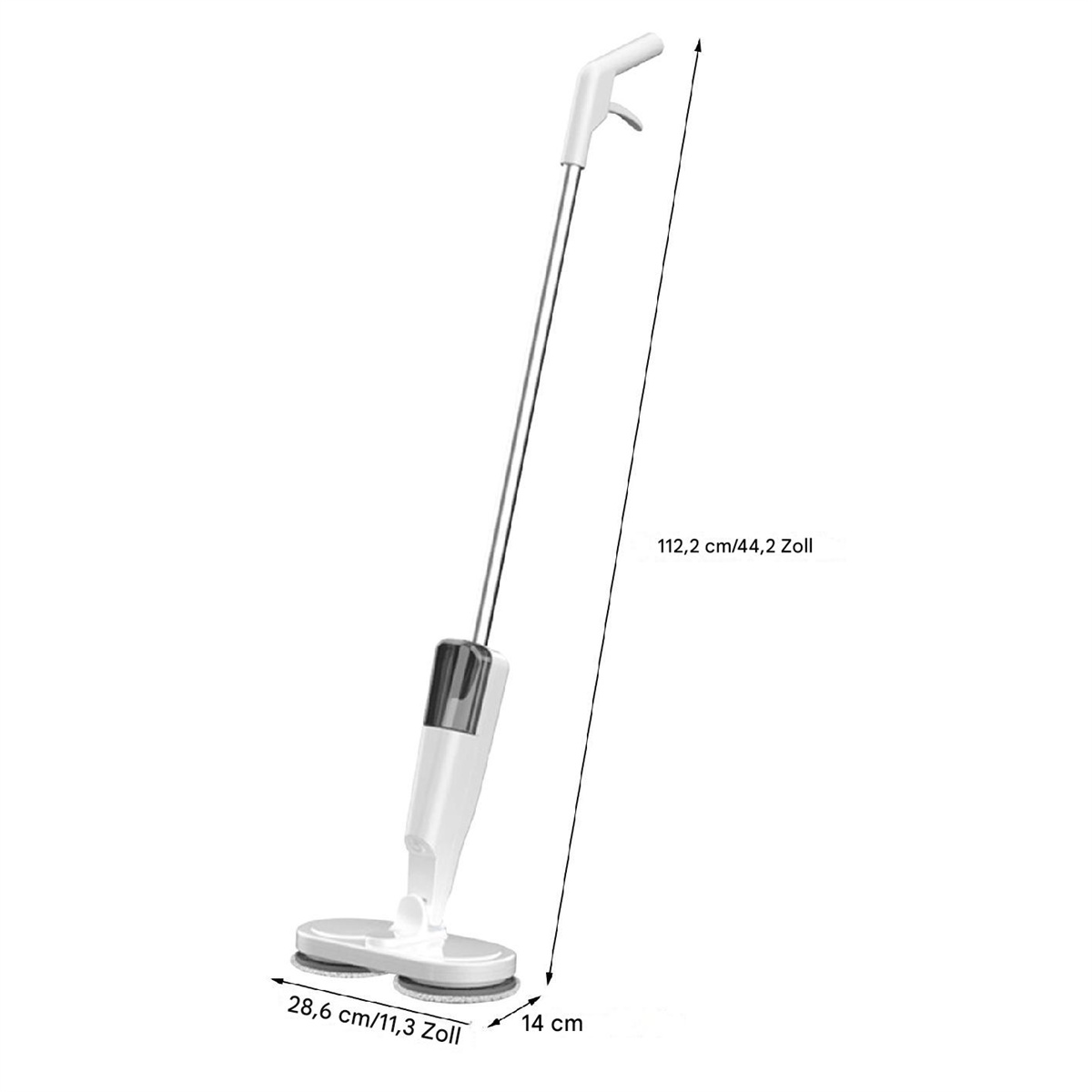 Weißer und grauer Wischmopp mit langem Stiel, misst 112,2 cm. Abmessungen sind angegeben.