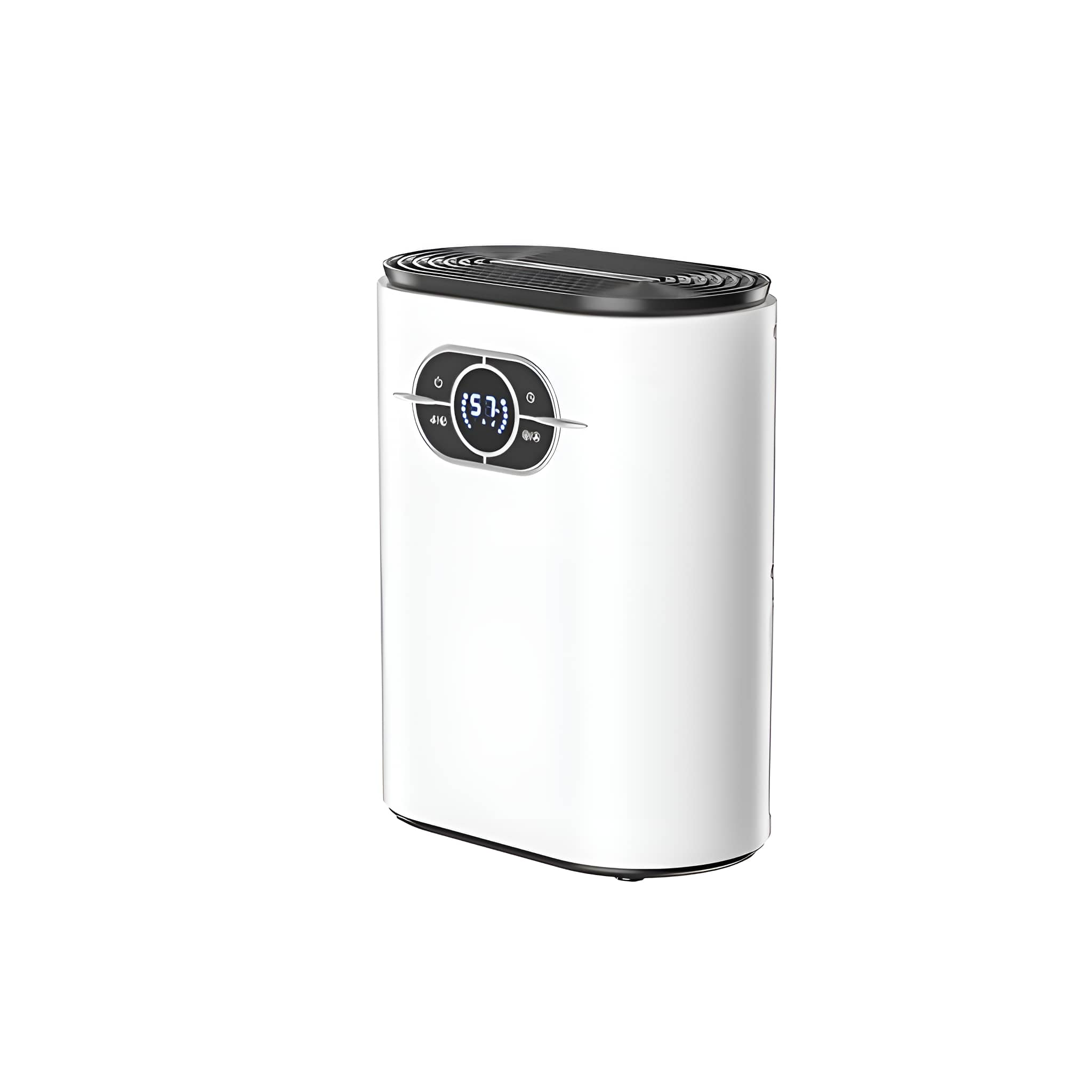 Weißer Luftreiniger mit Display und Knöpfen auf weißem Hintergrund. Das Gerät steht aufrecht.