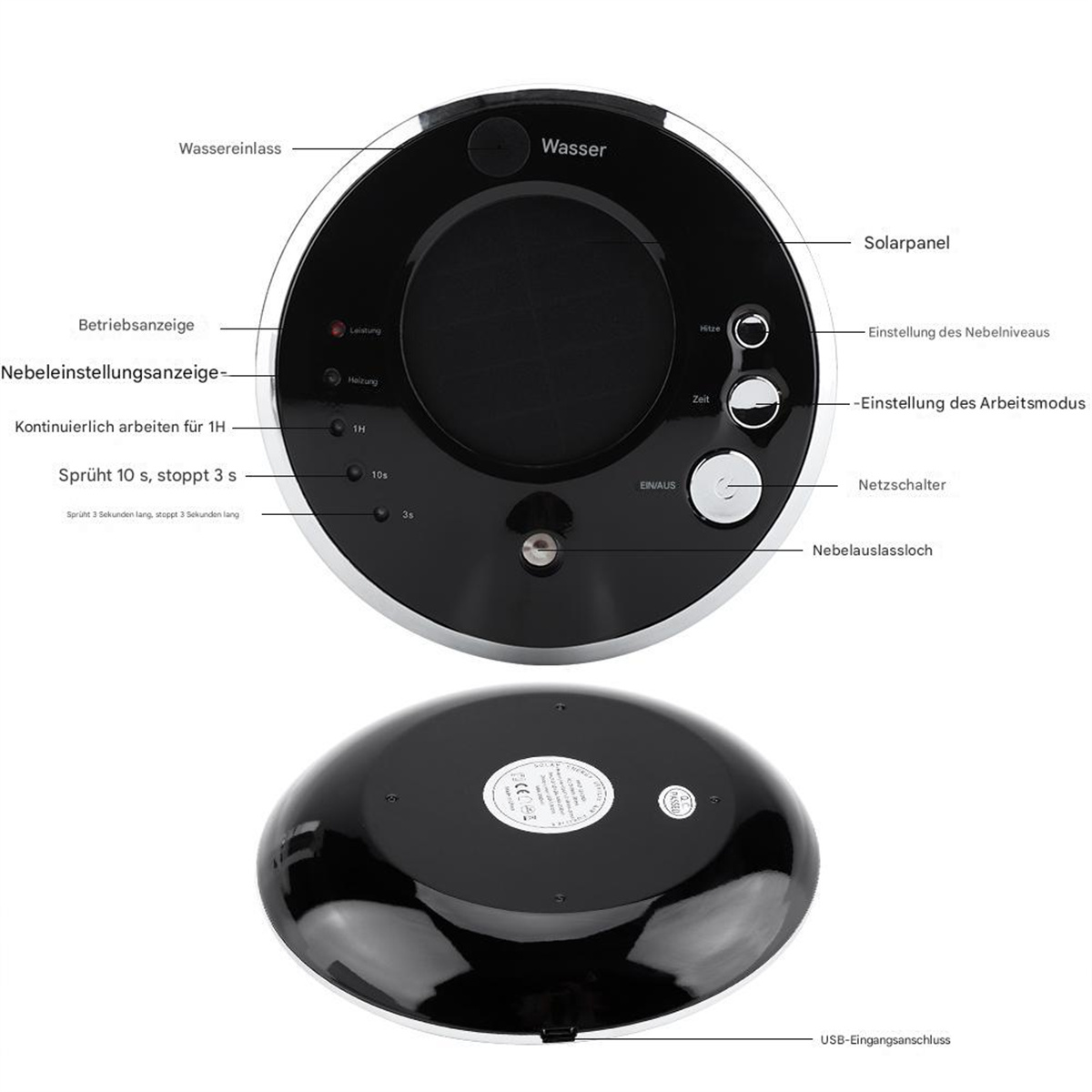 Ein schwarzes Gerät mit Knöpfen und Beschriftungen. Es hat ein kreisförmiges Design mit einem Solarpanel und einem Netzschalter.