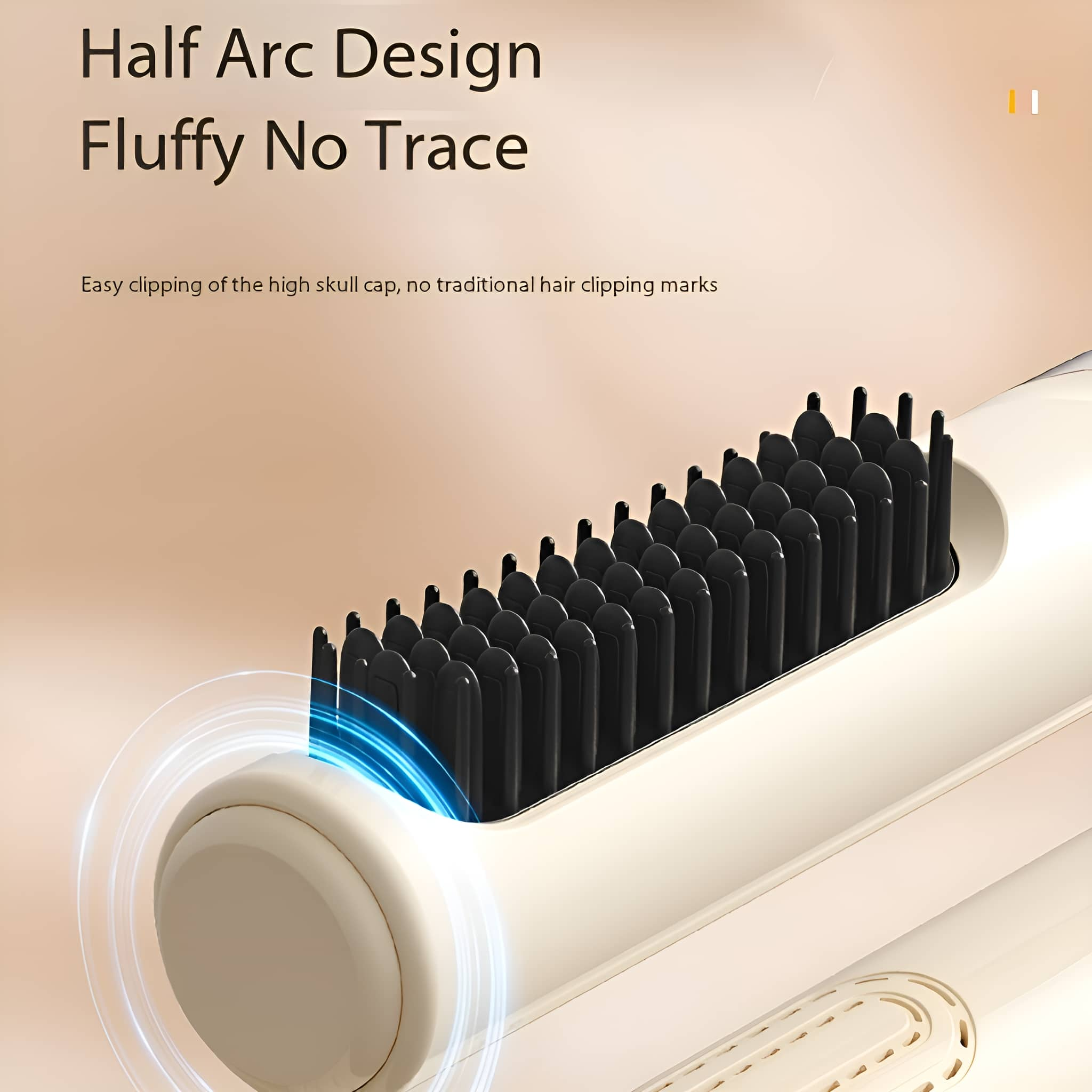 Nahaufnahme eines Haarschneiders mit schwarzen Klingen und weißem Gehäuse. Der Text 'Half Arc Design' ist sichtbar.