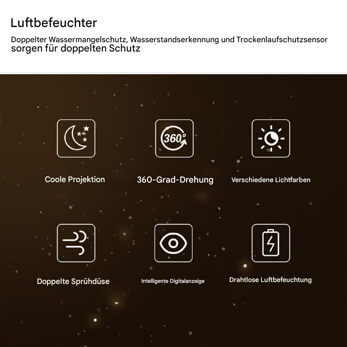 Symbole eines Luftbefeuchters mit Text auf Deutsch. Die Symbole stellen die Funktionen dar.