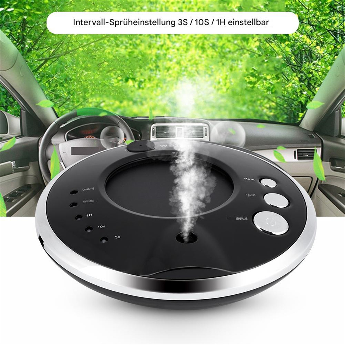 Ein schwarzer und silberner Auto-Lufterfrischer. Das Produkt hat Knöpfe und ist in einem Auto.