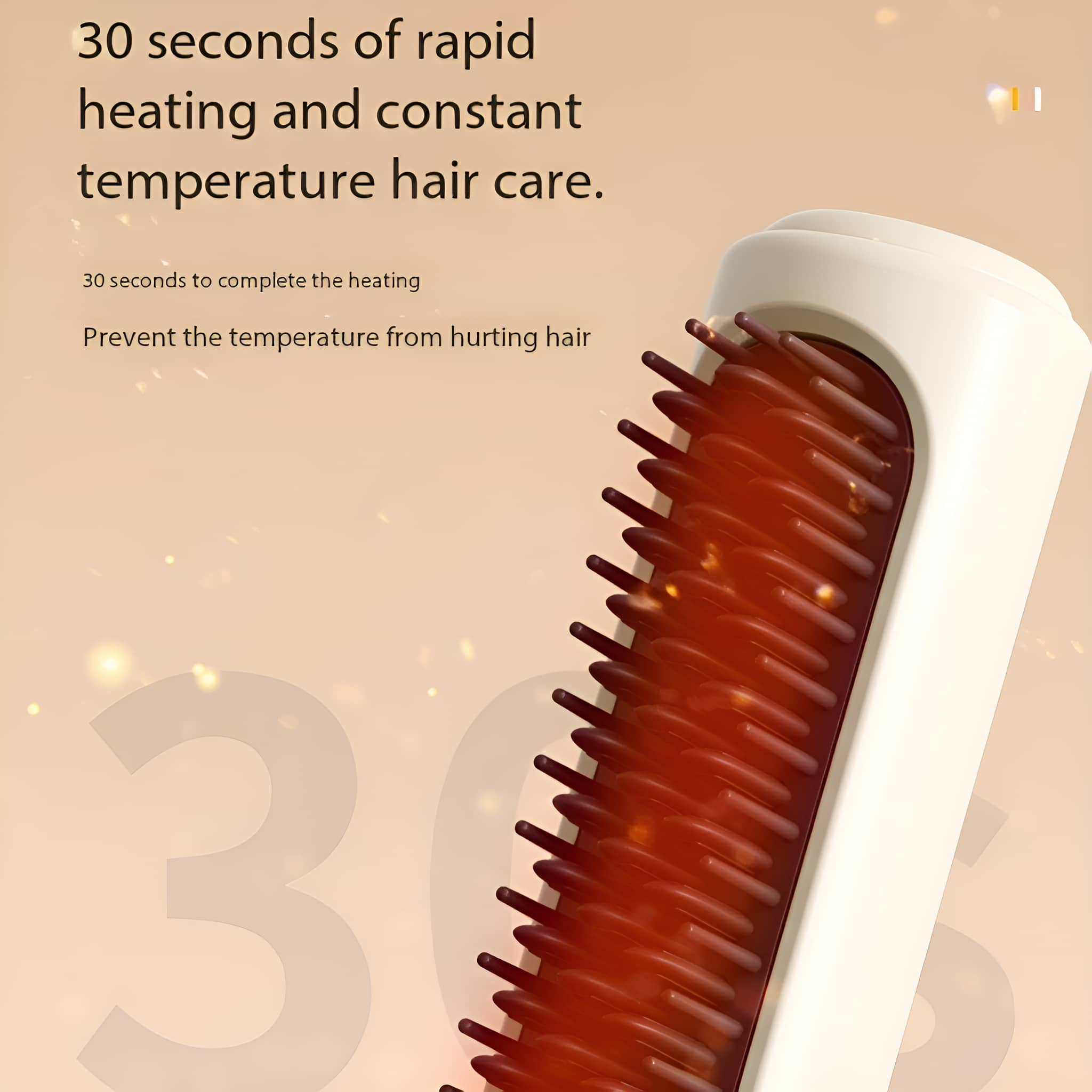 Ein Haarglätter mit roten Borsten. Der Text besagt, dass er sich in 30 Sekunden für die Haarpflege erhitzt.