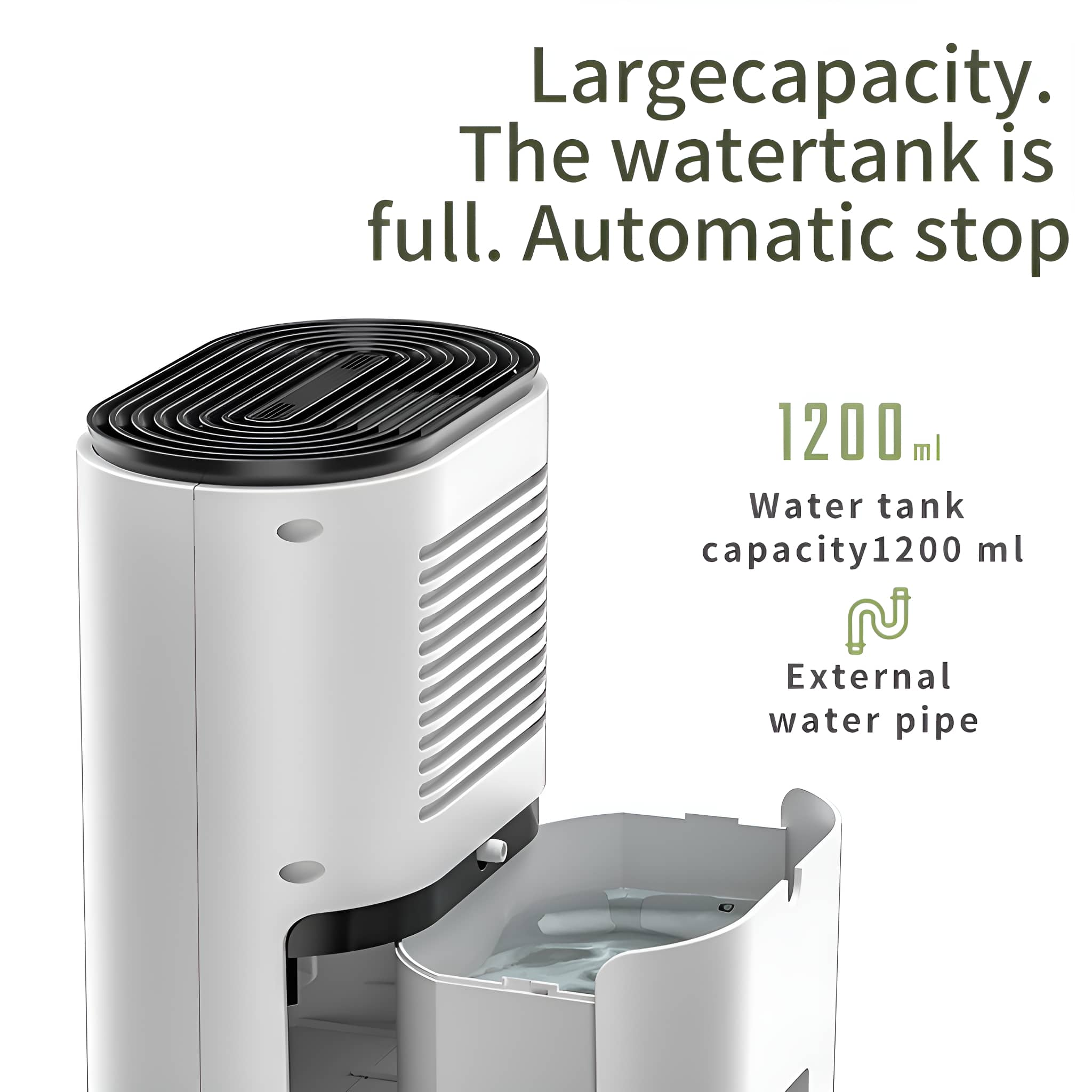 Ein weißer Luftreiniger mit Wassertank und Wasserkapazitätsdetails. Der Hintergrund ist weiß.