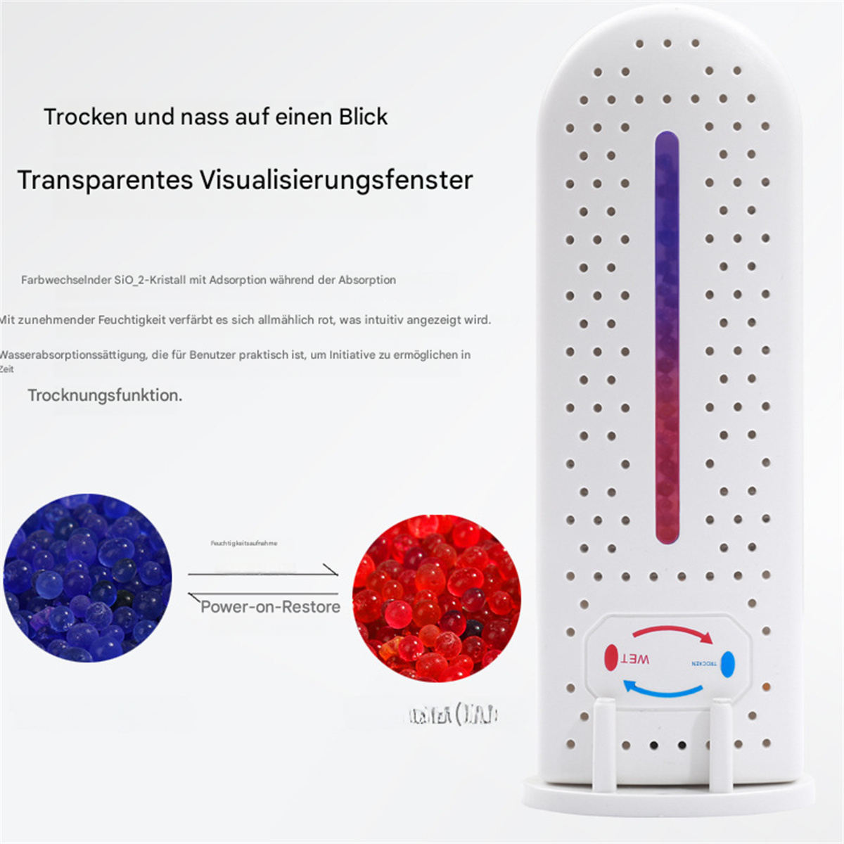 Weißes Gerät mit transparentem Fenster, das blaue und rote Kügelchen zeigt, zur Luftfeuchtigkeitskontrolle.