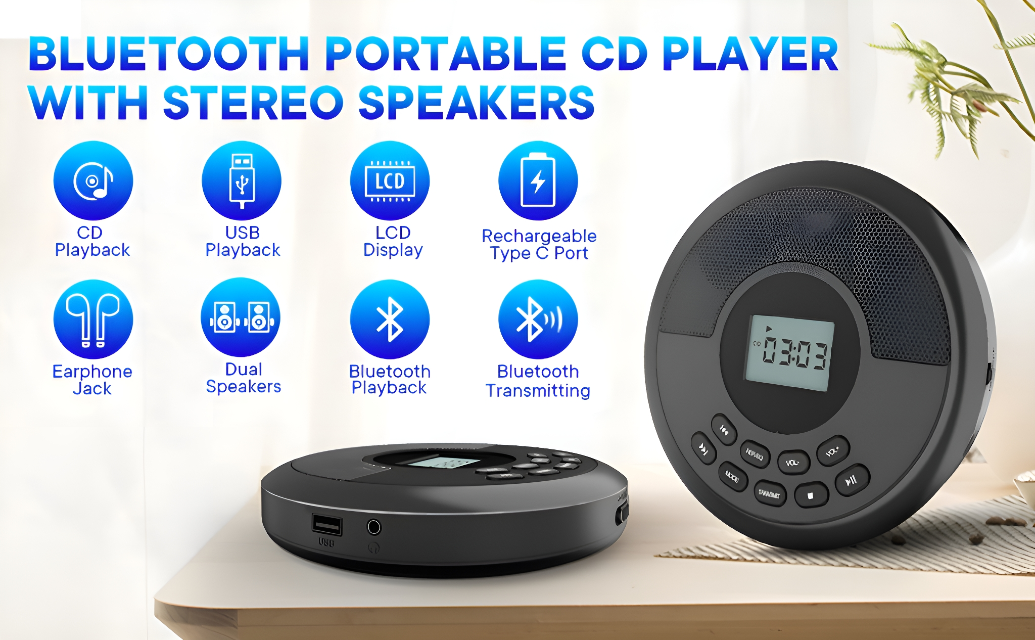 Schwarzer CD-Player mit Stereo-Lautsprechern und verschiedenen Funktionssymbolen. Weißer Hintergrund.