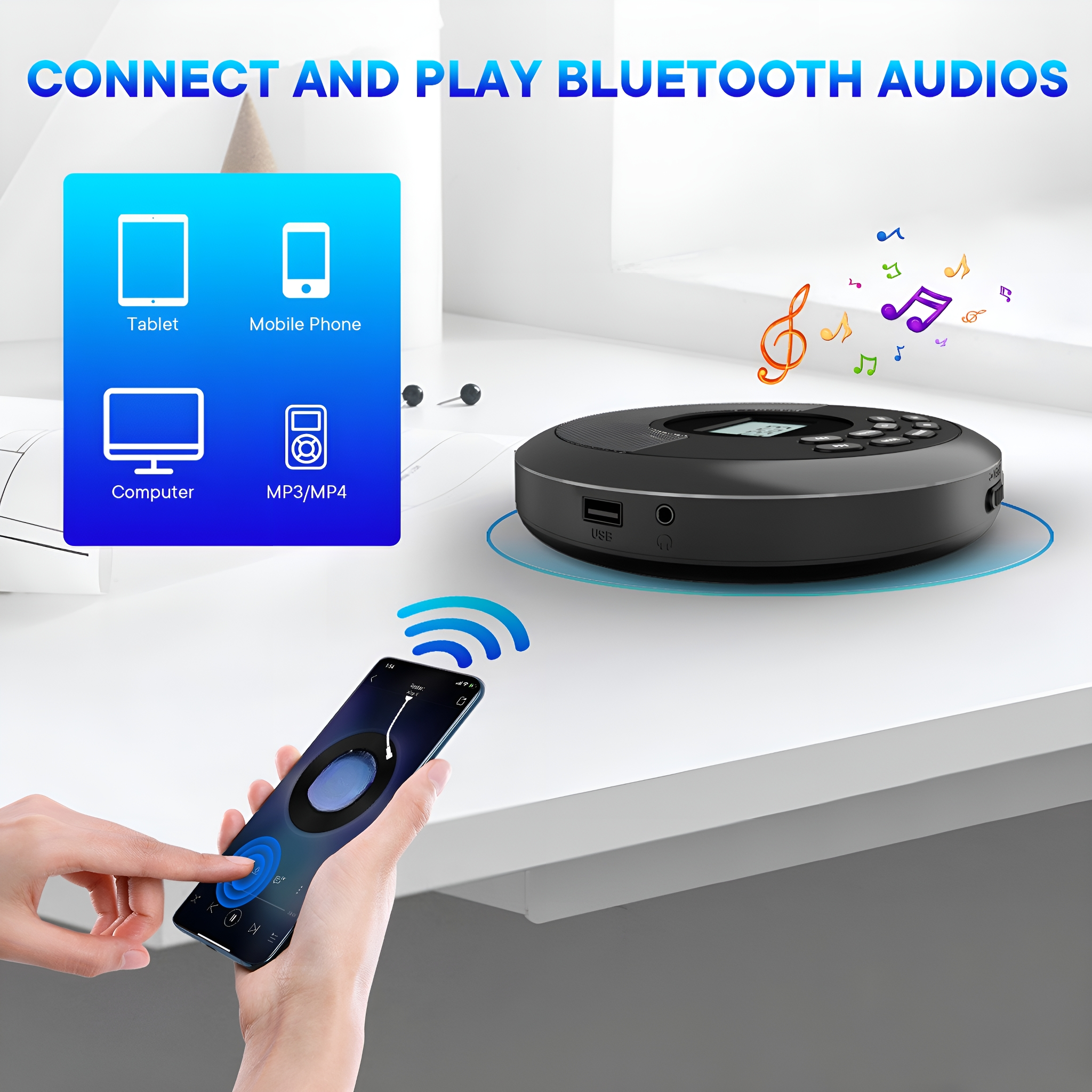 Schwarzer Bluetooth-Player mit Tablet-, Telefon-, Computer-Symbolen und Hand mit Fernbedienung.