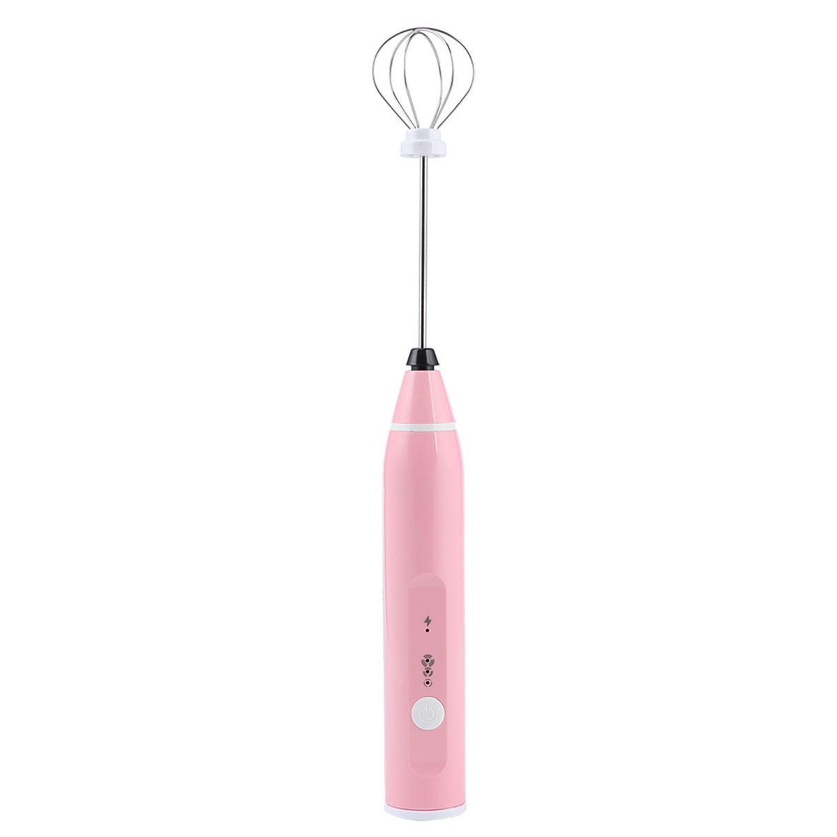 Rosa Handmixer mit einem Schneebesenaufsatz. Es hat eine weiße Taste und Kontrollleuchten.