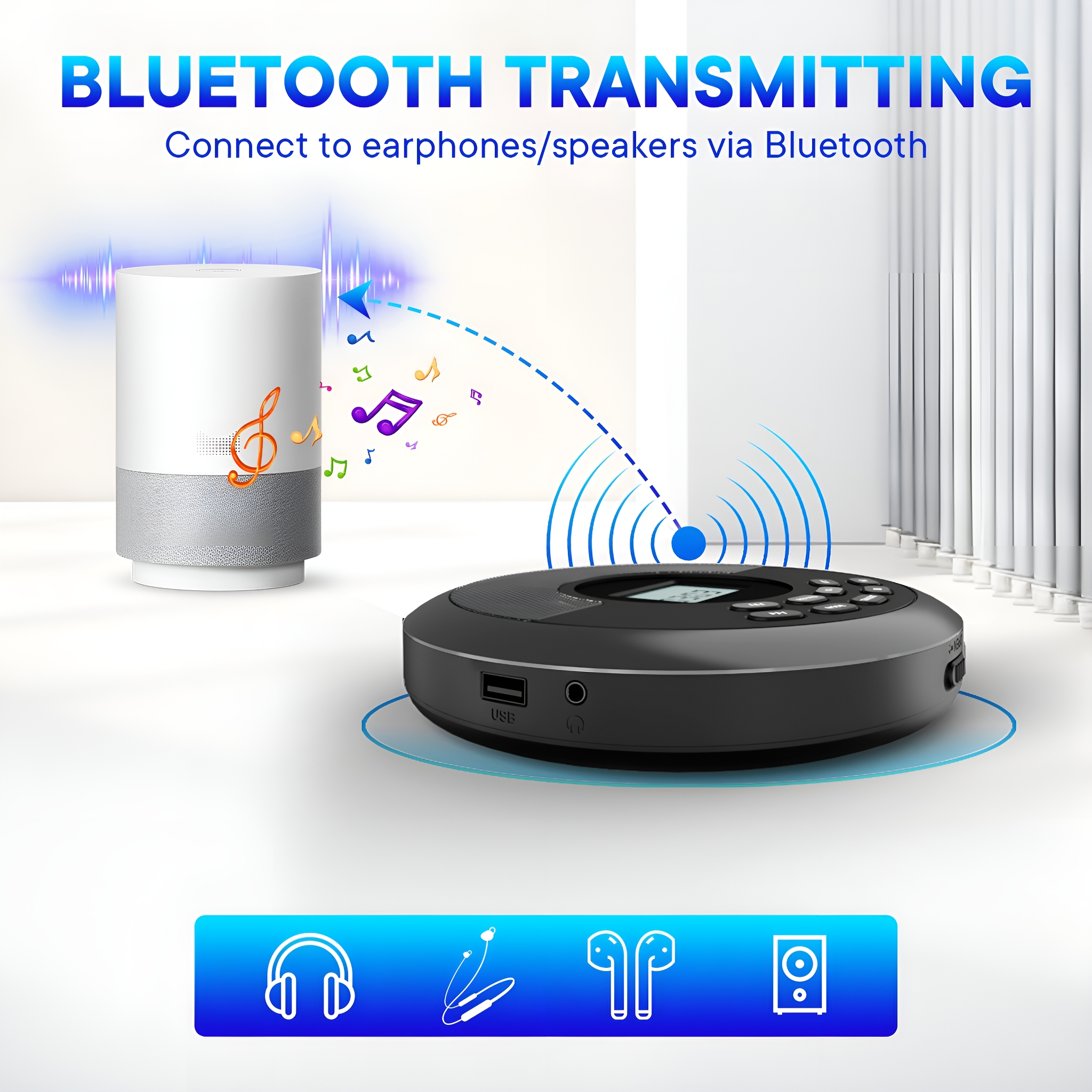 Schwarzes Gerät mit weißem Lautsprecher und Noten. Bluetooth-Verbindung wird gezeigt.